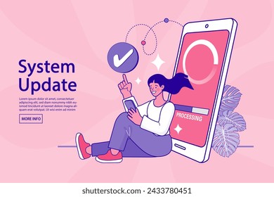 Woman system update concept. Computer upgrade maintenance. software installation and new mobile system. maintenance, upgrade, illustration, maintenance engineer, flat design vector.