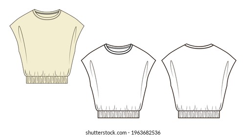 Camisa de mujer en gráfico vector.
Camiseta sin mangas de recorte por volumen con cinta elástica en la línea de cintura.Plantilla de ilustración aislada de moda.Vista frontal y posterior del esquema.