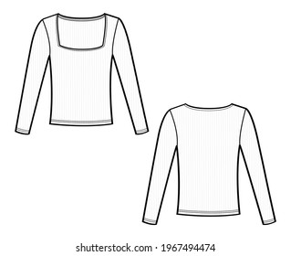 Woman t shirt in vector graphic.
Super slim rib t shirt with long sleeves and square neck.Fashion isolated  illustration template.Scheme front and back views.