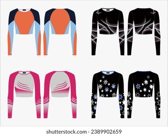 Woman t shirt in vector graphic. Slim fit cheer top crop t shirt with short sleeves and crew neck. Fashion isolated illustration template.Scheme front and back views.