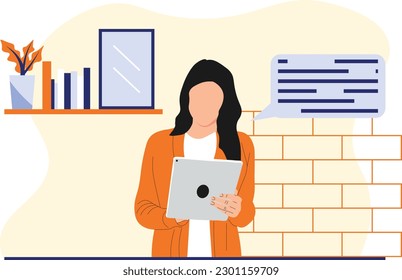 Woman with Tab doing productivity Flat Character suitable for illustration, background, template