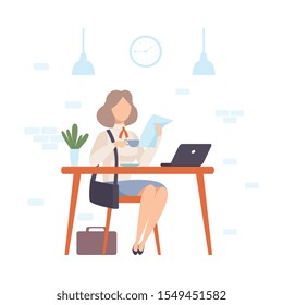 Woman at a table in a cafe holds a sheet of paper. Vector illustration.