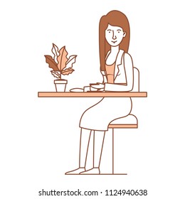 woman in the table drinking coffee with house plant