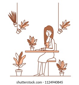 woman in the table drinking coffee with house plants
