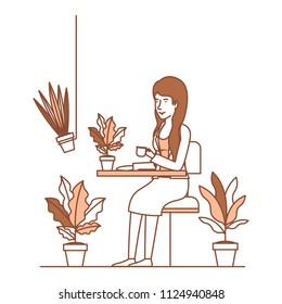 woman in the table drinking coffee with house plants