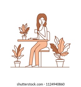woman in the table drinking coffee with house plants