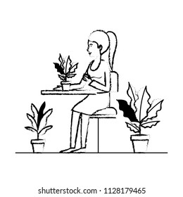 woman in the table drinking coffee with house plants