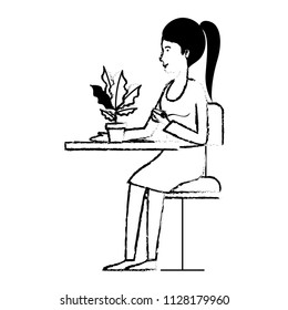 woman in the table drinking coffee with house plant