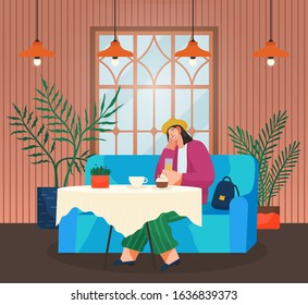 Woman at table having lunch with coffee or tea, eating out, isolated character vector. Girl with cup, cafe or cafeteria, meal or dish and beverage. Couch and table, interior design illustration