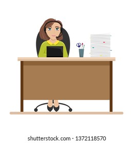 Woman at the table with headphones. Call center employee. Flat vector illustration.