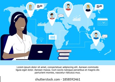Woman at the table in the office, working at home with people from all over the world on a laptop. Freelance, Video conferencing, communications, work from home, work anywhere. Vector illustration