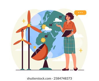 Woman with tablet analyzing weather data on Earth globe, wind turbines, and satellite dish on abstract background. Concept of meteorology. Vector illustration