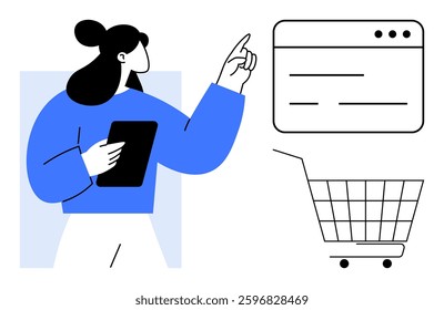 A woman with a tablet interacts with an online shopping interface. There is a shopping cart and a webpage. Ideal for e-commerce, online shopping, digital marketing, retail, user interaction