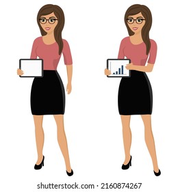 Woman with tablet. Woman with ipad. Office employee. A woman sells or buys. Profession. Flat design. Isolated object. Vector illustration.