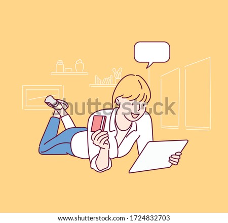 Woman with tablet isolated on the white background. Online shopping concept. Hand drawn style vector design illustrations.