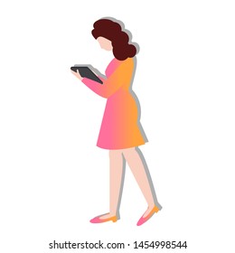Woman with tablet learning on the internet. Vector illustration. 