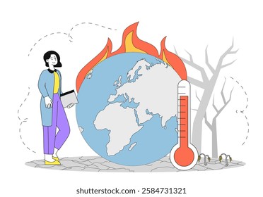 Woman with tablet near burning Earth and thermometer, symbolizing global warming. Dry land and dead trees in background, climate crisis concept