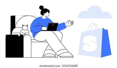 Woman with tablet sitting on a sofa beside a cat. Shopping bag with an S logo in foreground, cloud above. Ideal for e-commerce, online shopping, digital transactions, relaxed lifestyle, modern