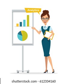 Woman with tablet stands near flipchart. Woman show chart, diagram. Analytics. Business character. Vector illustration