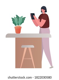 woman with tablet working at table design of Work from home theme Vector illustration
