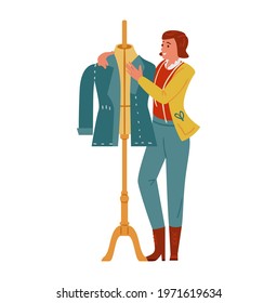 Woman Tailor Or Fashion Designer Near Mannequin Making Jacket. Flat Vector Illustration. Isolated On White.