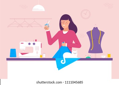 Woman tailor sewing a red dress, craft hobby or profession colorful character vector Illustration