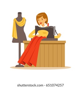 Woman tailor sewing a red dress, craft hobby or profession colorful character vector Illustration