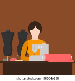 Woman tailor. Sewing workshop equipment. Flat shop design elements. Tailoring industry dressmaking tools icons. Fashion designer sew items vector illustration