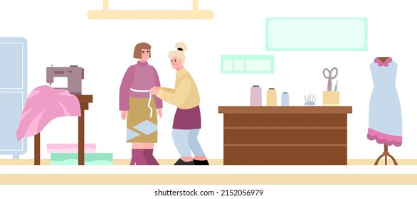 Woman tailor takes measurements for sewing clothes, vector flat illustration. Dressmaker is in workshop, atelier is working. Interior of the tailoring studio. Master tailor in workshop sews clothes