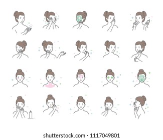 Woman take care about face. Steps how to apply facial serum. Vector isolated illustrations set. Skin care routine, simple woman face with a different facial procedures.