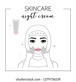 Woman take care about face. Skincare, applying night cream. Vector isolated illustrations set. 