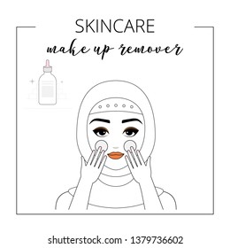 Woman take care about face. Skincare, applying make up remover. Vector isolated illustrations set. 