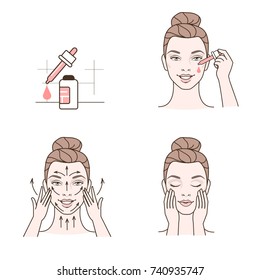 
Woman take care about face. Steps how to apply facial serum. Line vector illustration isolated on white background.