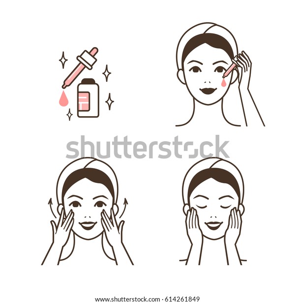 Woman take care about face. Steps how to apply facial serum. Vector isolated illustrations set.