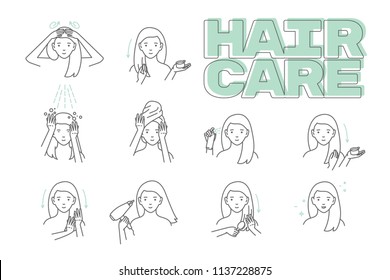 Woman take care about her hair. Steps how to apply hair mask. Vector isolated illustrations set.