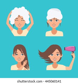 Woman take care about her hair. Hair beauty procedures. Vector illustration.