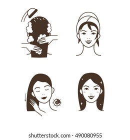 Mulher cuide do cabelo. Passos como aplicar máscara de cabelo. Conjunto de ilustrações isoladas vetoriais.