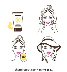 
Woman take care about her face and using sunscreen cream.  Fashion and beauty sketch style. Isolated vector illustrations set.