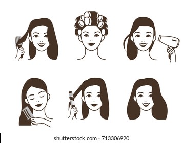 
Woman take care about her hair. Different styling procedures. Vector illustration.