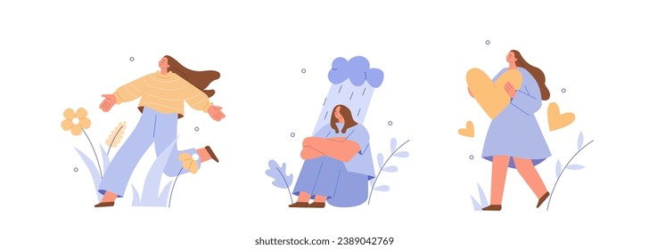 Las mujeres cuidan de la mentalidad, se sienten confiadas, felices, se relajan, aceptan y aman. Autocuidado, aceptación, concepto de salud mental. Ilustración del vector aislada en fondo blanco   