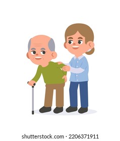 A woman take care elder man or nurse look after retired man at nursing home illustration vector cartoon character design on white background. Medical concept.