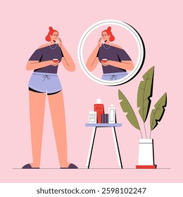 Woman take care of face skin. Girl smear face cream. Flat vector character. Self care concept.