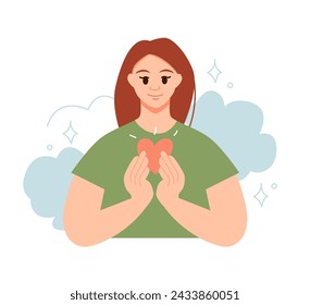 Woman Take Care of Mentality. Open Heart. Peaceful and Loving Concept. Flat Vector Illustration.