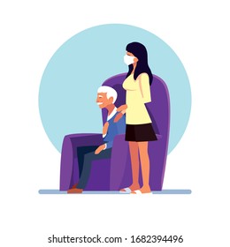 woman take care of old man vector illustration design