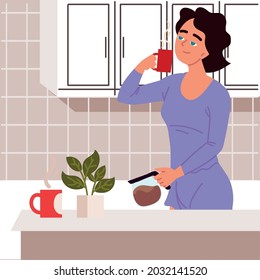 woman take coffee in kitchen
