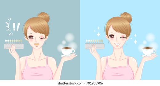 woman take coffee and with tooth whitening tool on the blue background