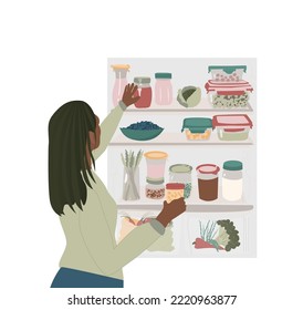 Woman take from eco fridge. Sustainable life vector illustration