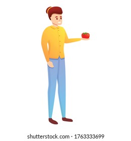 Woman take fresh eco tomato icon. Cartoon of woman take fresh eco tomato vector icon for web design isolated on white background