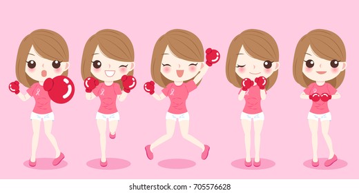 woman take glove with breast cancer prevention on the pink background
