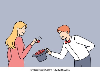 Woman take hearts from magician hat. Male wizard offer likes symbols to smiling female striving for popularity and acknowledgement. Vector illustration. 